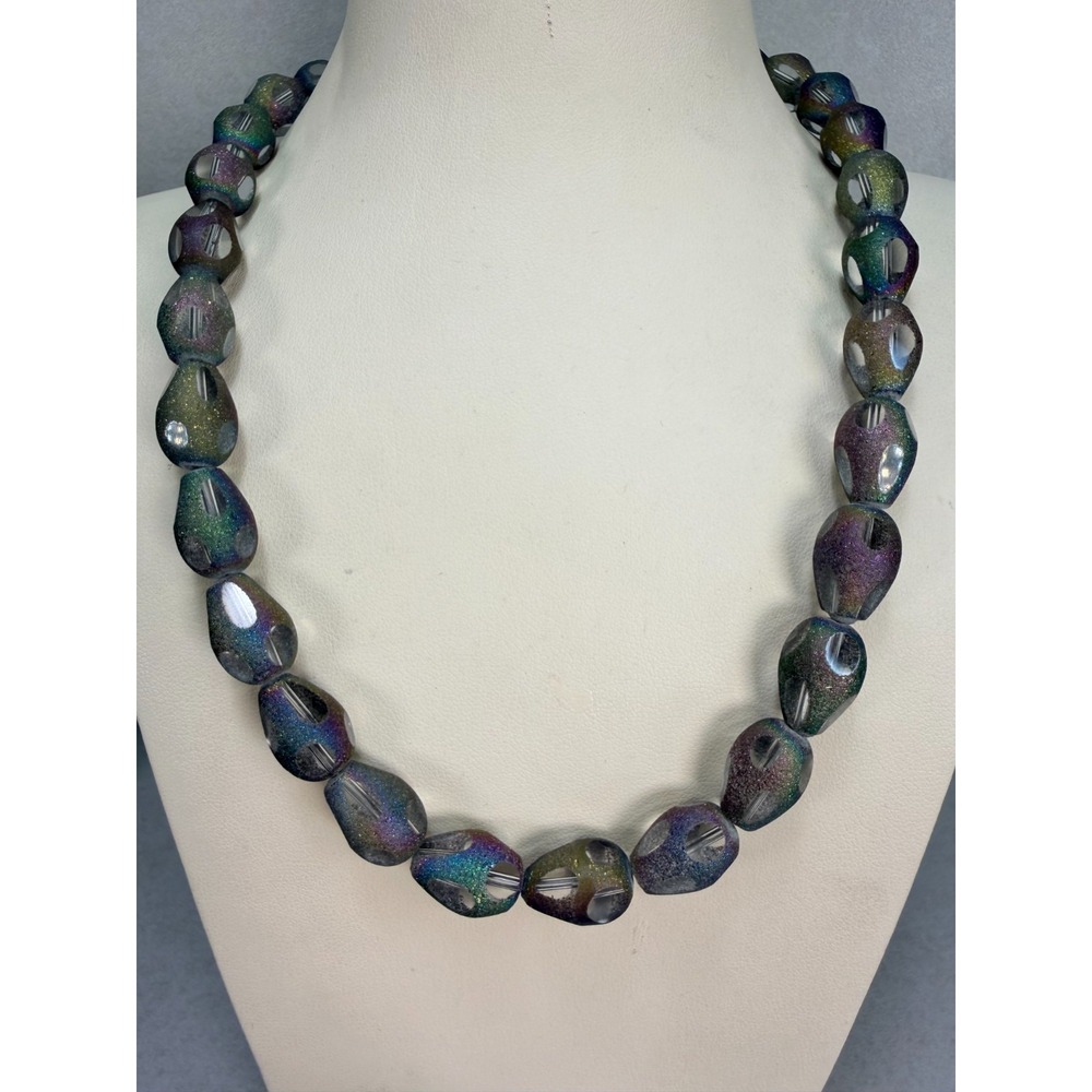 Vintage Art Glass Necklace Iridescent Rainbow Lucite Beads Statement Chunky